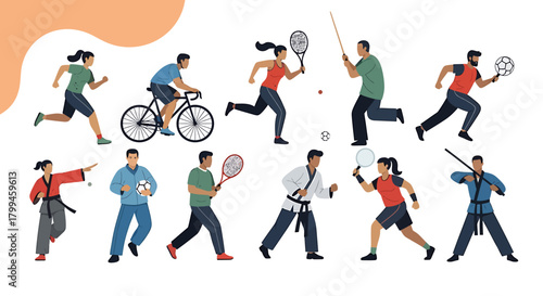 Diverse group of people engaged in various sports and physical activities, showcasing athleticism and healthy lifestyle.