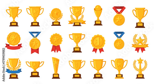 Collection of golden trophies and medals for winners, vector illustration.