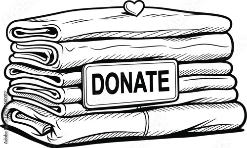 Vintage comic style stack of folded clothes with donate sign