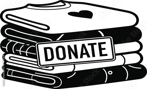 Black and white illustration of stacked folded clothing with donate sign