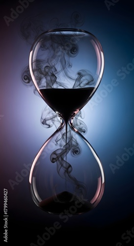 A close-up of an hourglass with dark liquid inside and smoke swirling around it, symbolizing the passage of time and the fleeting nature of moments