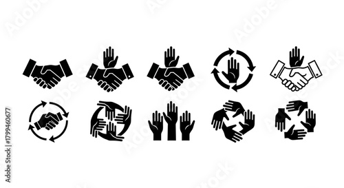 A collection of black and white handshake icons, some with hands in a circle, symbolizing cooperation, agreement, and unity.