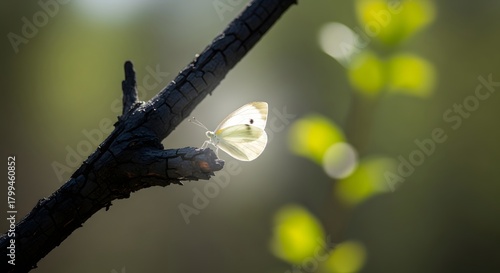A delicate white butterfly perched on a dark tree branch in a softly lit natural environment with blurred green leaves in the background