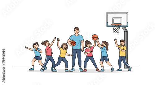 Basketball Team Practicing A Group of Children and Their Coach, Ready for the Game