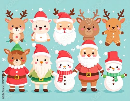 Cute kawaii Christmas characters: Santa, reindeer, elf, snowman, gingerbread man, soft pastel palette, minimal clean background, vector-like clarity, ultra-sharp details, perfect for stickers, product