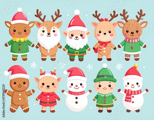Cute kawaii Christmas characters: Santa, reindeer, elf, snowman, gingerbread man, soft pastel palette, minimal clean background, vector-like clarity, ultra-sharp details, perfect for stickers, product