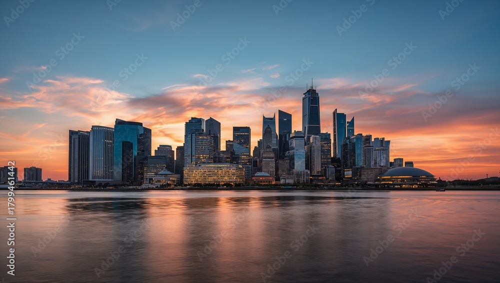 Obraz premium Vibrant City Skyline at Sunset with Colorful Clouds and Reflections
