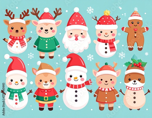Cute kawaii Christmas characters: Santa, reindeer, elf, snowman, gingerbread man, soft pastel palette, minimal clean background, vector-like clarity, ultra-sharp details, perfect for stickers, product