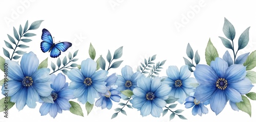 Fototapeta Naklejka Na Ścianę i Meble -  Blue watercolor flowers, green leaves create beautiful bottom border. Blue butterfly adds life to floral design. Hand drawn elegant banner perfect for cards, stationery, invitations, web decor.