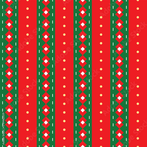 Seamless Christmas pattern featuring vertical red-green stripes, dotted accents, and geometric diamond shapes, creating a bold festive background ideal for holiday designs.