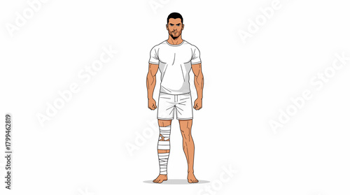 Injured man with wrapped foot standing barefoot in minimal white space concept of resilience