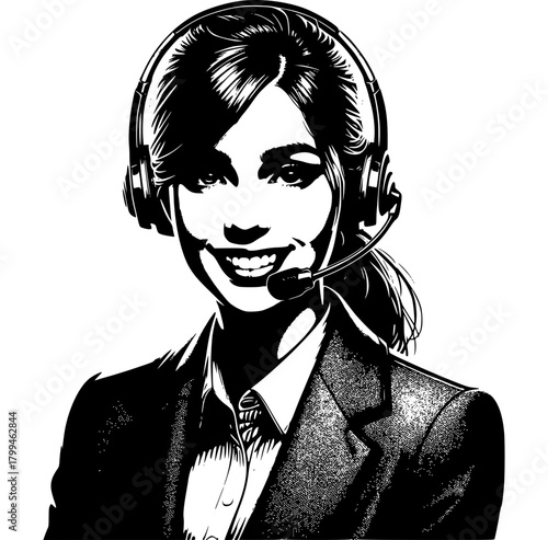 Customer Service Representative: A smiling woman wearing a headset, exuding warmth and approachability, ready to assist and connect in a world of communication.