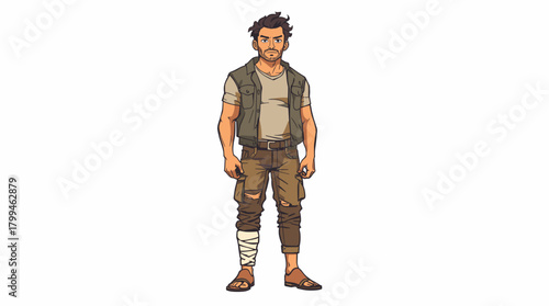 Adventurous man with wrapped foot in rugged outfit standing on white backdrop concept