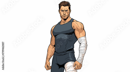 Determined man with wrapped arm and thigh in sleeveless athletic wear combat concept