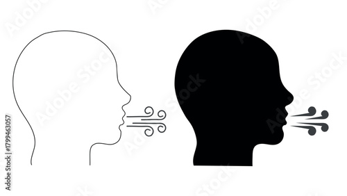Wind blowing icon. Man face profile exhaling fresh air. Cool breeze, breath symbol. Weather concept. Abstract human head blowing wind. Line art vector illustration. 