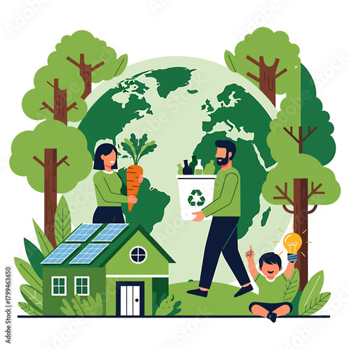 A family is shown caring for the planet with a house powered by solar panels, recycling, and growing organic food.