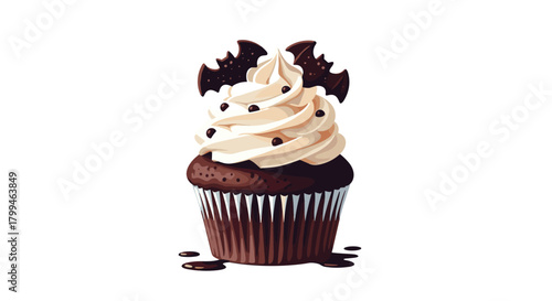 Delicious Halloween Cupcake with Bat Decorations and Cream.