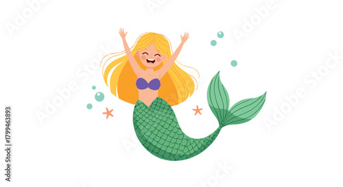 Happy Mermaid with Blonde Hair and Green Tail.