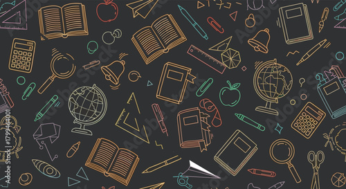 School supplies background pattern education theme chalkboard style.