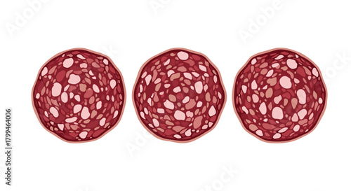 Three Slices of Delicious Salami Isolated on White Background.