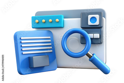 3d render of website interface with magnifying glass, search engine optimization (seo) concept, isolated on transparent background