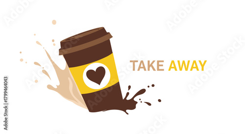 Takeaway coffee cup with heart symbol and splash take away concept.