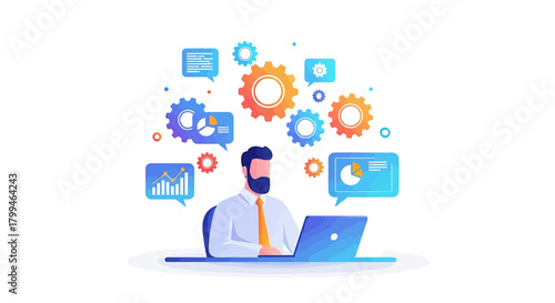 A professional businessman sitting at his desk working on a laptop, surrounded by gears and charts, illustrating business process management and data analysis concepts