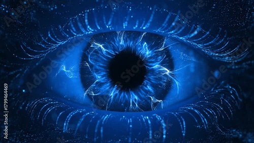 Closeup of a blue eye with intricate glowing particles forming a network pattern, symbolizing vision