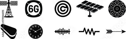 Collection of technological and abstract icons including 6g network, satellite, solar energy, time, sound, electricity, and directional arrow graphics.