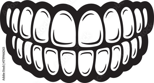 Vector image of dark human teeth showing a full upper and lower jaw set against a black background.