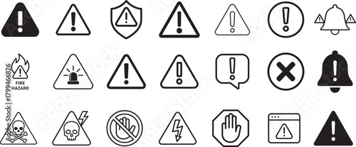 Bold warning line icon set featuring alert, danger, caution, and error symbols in clean vector silhouette style.  