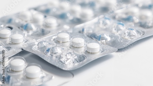 White tablets in blister packs on white background. Clean pharmaceutical backdrop for healthcare, medicine, pharmacy, treatment and drug packaging concepts with copy space.