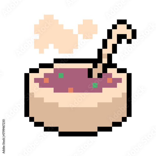 A Broth of Curry with Ladle, Pixel Art Icon, Isolated