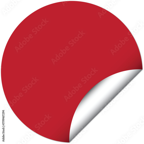 Bright red circular sticker with a peeling corner and shadow on white background
