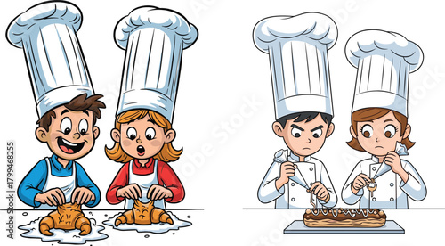 “Cute cartoon kid chefs baking together with fun expressions, teamwork, culinary learning, decorating pastries, kitchen creativity, cooperative cooking, adorable illustrated cooking scene.”