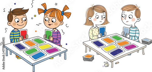 “Cute children playing colorful card matching game indoors, learning colors, teamwork, educational activity, fun interaction, cognitive development, playful cartoon illustration.”