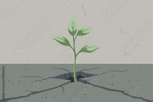 Vector illustration of green plant sprouting through cracked dry ground surface