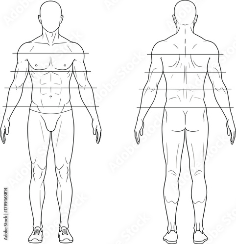 Technical fashion figure template, male athletic body, vector croqui showing front and back views with measurement lines for fashion design and tech packs.