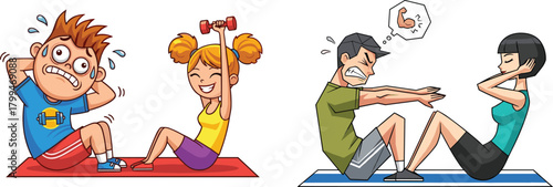 Cartoon kids and adults exercising on mats, performing sit-ups and weight training with fun expressions, energetic fitness activity, healthy lifestyle workout scene