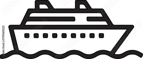Vector outline icon of a cruise ship sailing on ocean waves representing travel and holidays