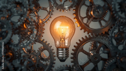 Bright Light Bulb Surrounded by Vintage Decorative Gears