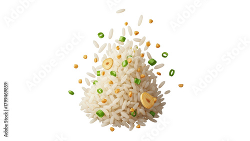 White Rice Grains with Green Onion and Fried Garlic Chips Floating Dynamically on a Clean transparent background
