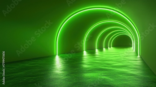 Fototapeta Naklejka Na Ścianę i Meble -  A luminous green tunnel featuring arched neon lights and a reflective floor leading to the light