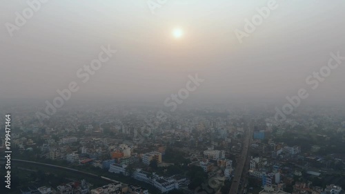 4k Aerial Drone View of Pale Sun Struggling Through Thick Toxic Smog and Haze Over Delhi. High AQI In Delhi.