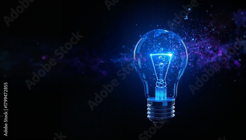 Creative Light Bulb with Blue Glow and Abstract Cosmic Background