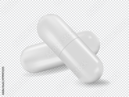 White Medical Pills or set closeup, isolated on transparent background. Capsules for Graphics, Mockup. Medical and Healthcare Concept. Vector 3d Realistic illustration