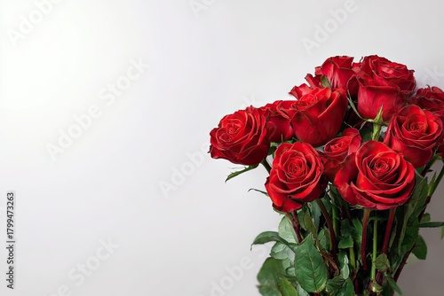 Vibrant bouquet of red roses with green stems offset against a plain white background