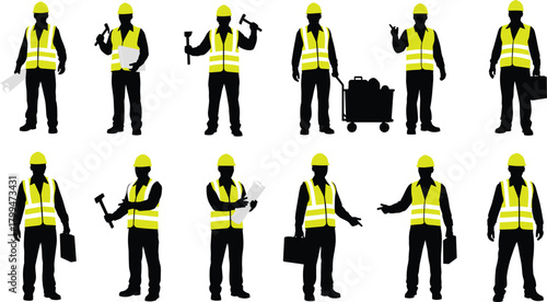 Construction worker silhouette, safety vest, hard hat, tool holding pose, industrial labor, cad drawing flat vector illustration, equipment, teamwork