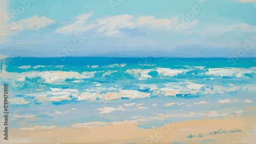 Beautiful beach scene painting showcasing ocean waves and a tranquil sky with soft colors ideal for relaxing backgrounds