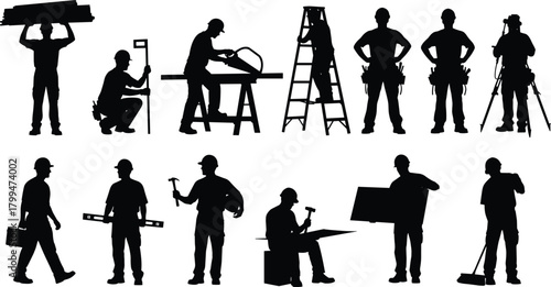 Construction worker silhouette, task pose, tool action, ladder, blueprint, broom, cad drawing flat vector illustration, labor, gear, posture